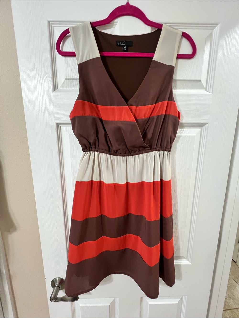 C. Luce Sleeveless V-Neck Striped Midi Dress in Brown, Cream & Orange